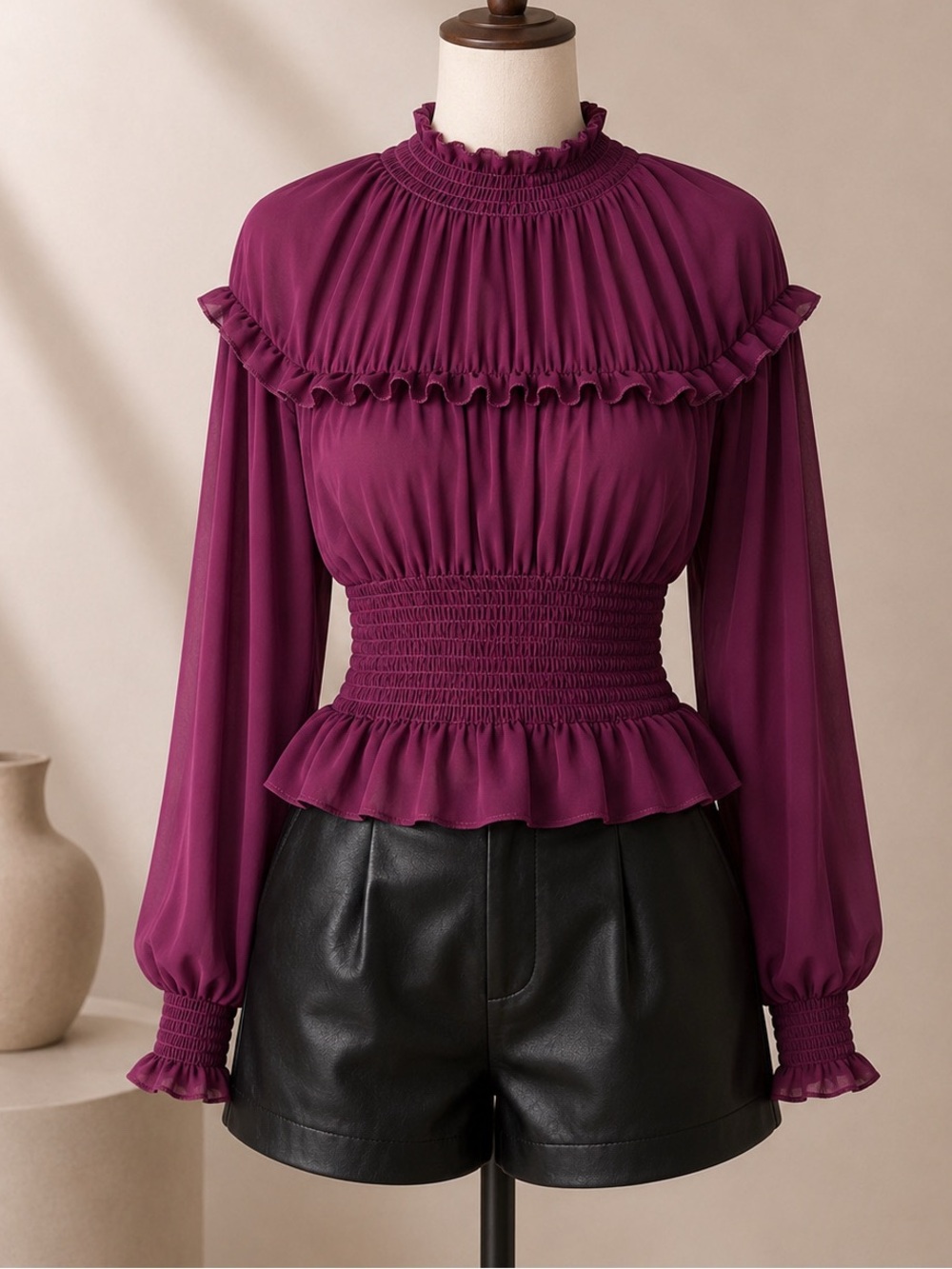 Smocked Ruffle Long-Sleeve Blouse - Plum